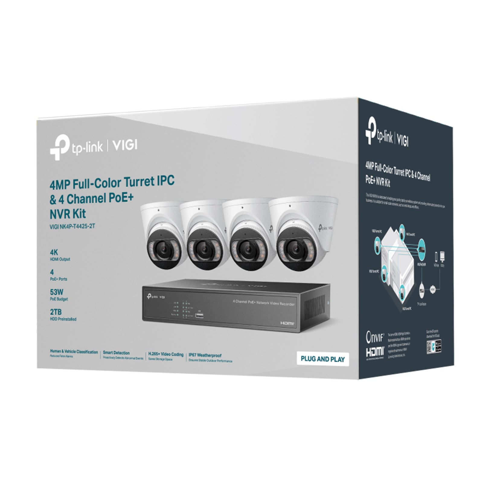 VIGI 4 x 4MP Full-Color Turret IPC & 4 Channel PoE+ NVR KIT w/ 2TB