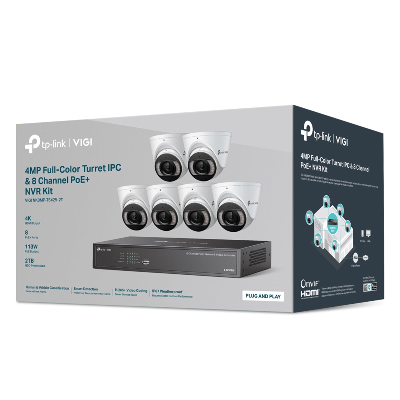 VIGI 6 x 4MP Full-Colour Turret IPC & 8 Channel PoE+ NVR KIT w/ 2TB